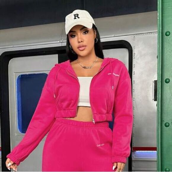 NEW! *Hot Pink* Plus Hoodie (Only) Letter Graphic Zip Up Drop Shoulder Sz 1X - Picture 4 of 5